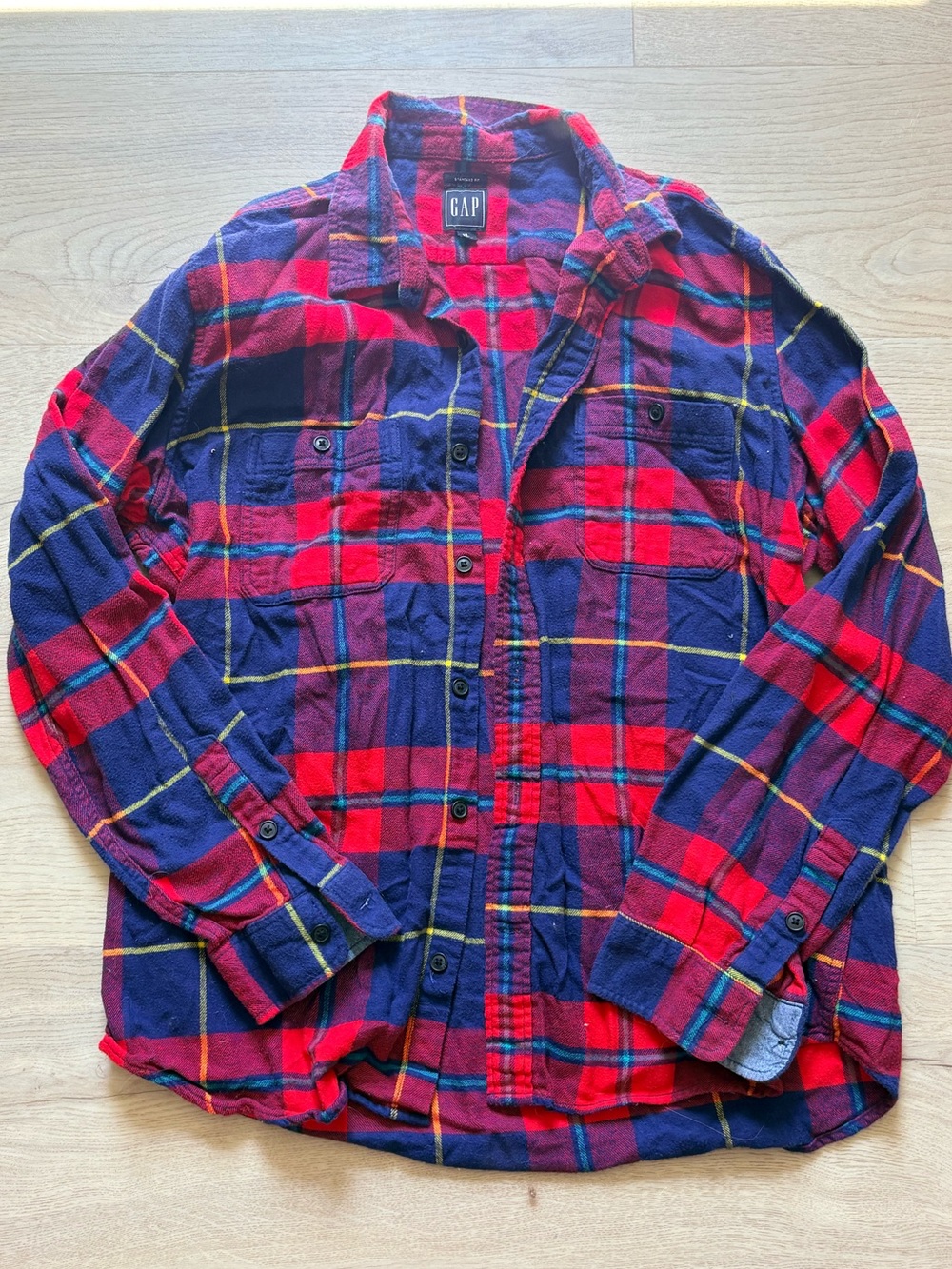 GAP Men's Red & Navy Plaid Button-Up Shirt Sz XL